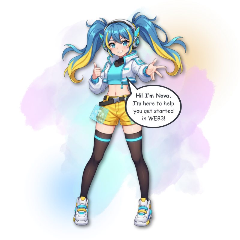 Nova, the Web3 learning mascot, hand outward with enthusiasm